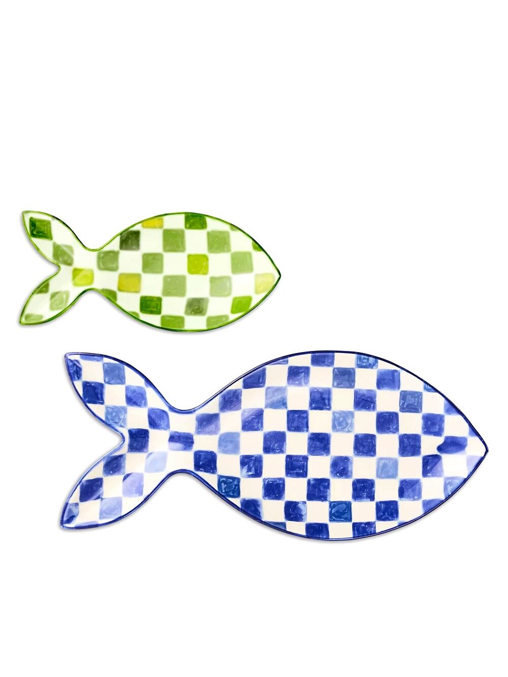 NEW MacKenzie-Childs Go Fish Serving Platters Set of 2 Blue and Green Check